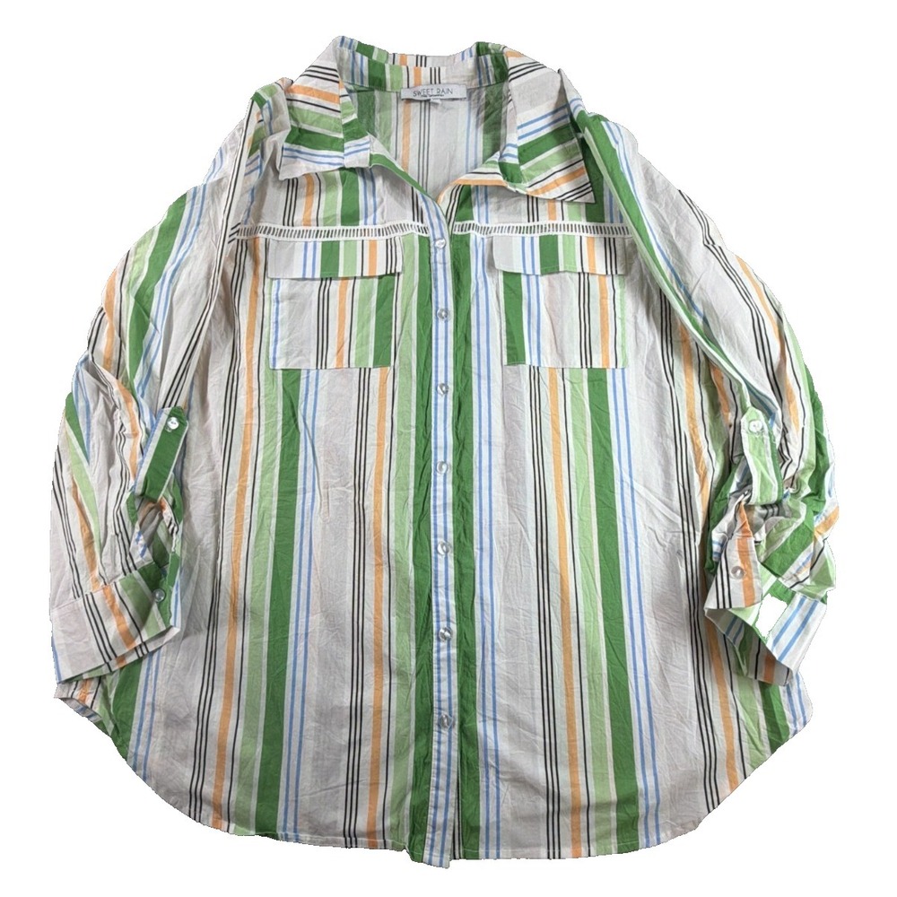 Sweet Rain Women 2XL Striped Button Down Shirt Green Orange Blue‎ Cotton Pockets